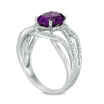 Oval Amethyst and 0.20 CT. T.W. Natural Diamond Layered Crossover Ring in Sterling Silver