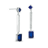 Lab-Created Blue Sapphire and 0.1 CT. T.W. Diamond Linear Drop Earrings in Sterling Silver