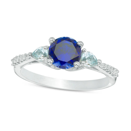 6.2mm Lab-Created Blue Sapphire Aquamarine and Diamond Accent Three Stone Ring in Solid 10K White Gold