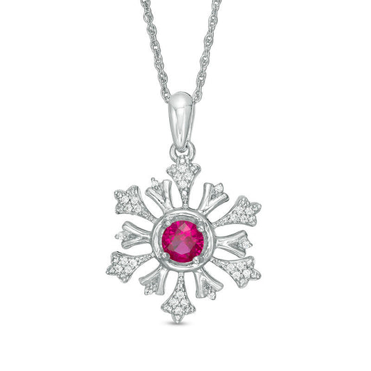 4.5mm Lab-Created Ruby and 0.1 CT. T.W. Diamond Snowflake Pendant in Sterling Silver