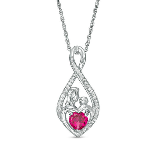 5.0mm Heart-Shaped Lab-Created Ruby and 0.1 CT. T.W. Diamond Motherly Love Pendant in Sterling Silver