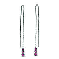 Lab-Created Pink Sapphire Three Stone Threader Earrings in Sterling Silver