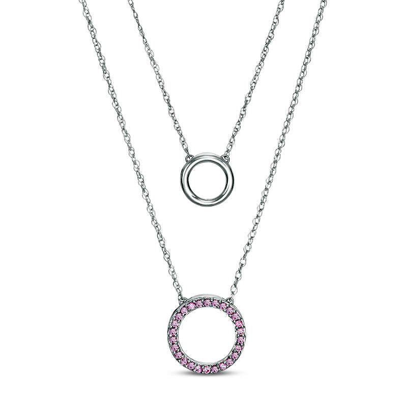 Lab-Created Pink Sapphire Circle Double Strand Necklace in Sterling Silver - 20"