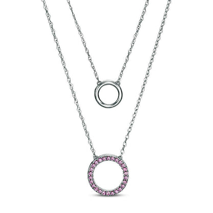 Lab-Created Pink Sapphire Circle Double Strand Necklace in Sterling Silver - 20"