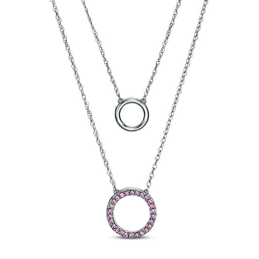 Lab-Created Pink Sapphire Circle Double Strand Necklace in Sterling Silver - 20"