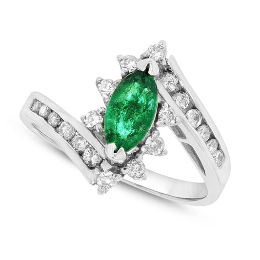 Marquise Emerald and 0.33 CT. T.W. Natural Diamond Starburst Frame Bypass Ring in Solid 14K White Gold