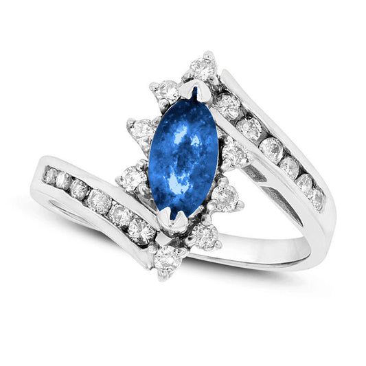 Marquise Blue Sapphire and 0.33 CT. T.W. Natural Diamond Starburst Frame Bypass Ring in Solid 14K White Gold