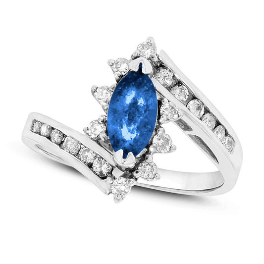 Marquise Blue Sapphire and 0.33 CT. T.W. Natural Diamond Starburst Frame Bypass Ring in Solid 14K White Gold