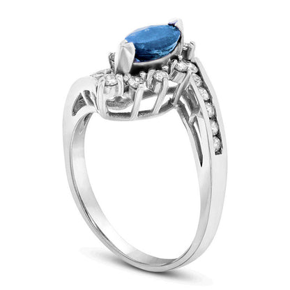 Marquise Blue Sapphire and 0.33 CT. T.W. Natural Diamond Starburst Frame Bypass Ring in Solid 14K White Gold