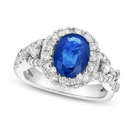 Oval Blue Sapphire and 0.75 CT. T.W. Natural Diamond Frame Twist Shank Ring in Solid 14K White Gold