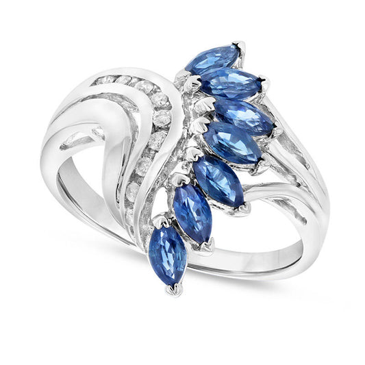 Marquise Blue Sapphire and 0.10 CT. T.W. Natural Diamond Seven Stone Ring in Solid 14K White Gold