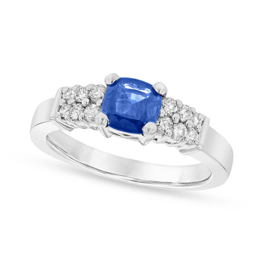 5.5mm Cushion-Cut Blue Sapphire and 0.33 CT. T.W. Natural Diamond Double Row Ring in Solid 14K White Gold