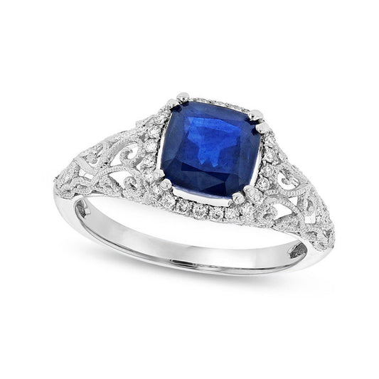 6.5mm Cushion-Cut Blue Sapphire and 0.13 CT. T.W. Natural Diamond Frame Antique Vintage-Style Scroll Ring in Solid 14K White Gold