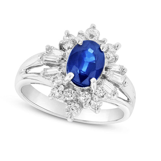 Oval Blue Sapphire and 0.75 CT. T.W. Natural Diamond Starburst Frame Split Shank Ring in Solid 14K White Gold