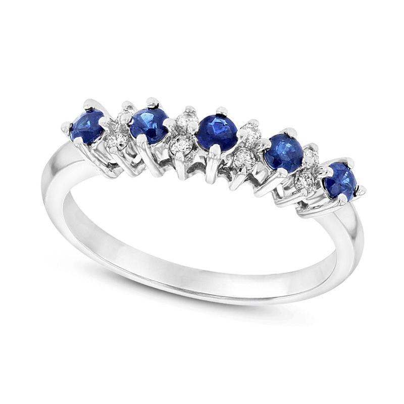 Blue Sapphire and Natural Diamond Accent Alternating Five Stone Band in Solid 14K White Gold