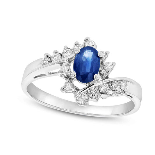 Oval Blue Sapphire and 0.25 CT. T.W. Natural Diamond Bypass Ring in Solid 14K White Gold