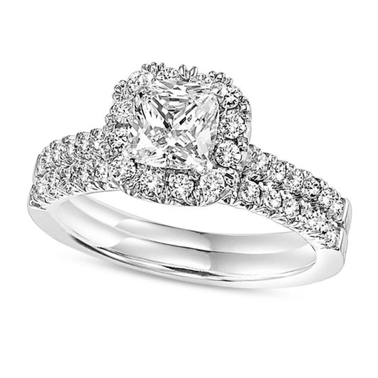 1.0 CT. T.W. Cushion-Cut Natural Diamond Frame Bridal Engagement Ring Set in Solid 14K White Gold