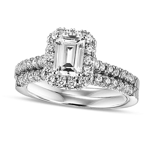 0.88 CT. T.W. Emerald-Cut Natural Diamond Frame Bridal Engagement Ring Set in Solid 14K White Gold