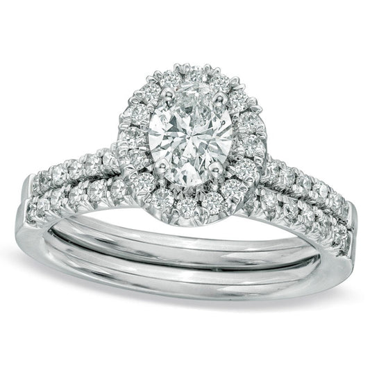 1.20 CT. T.W. Oval Natural Diamond Frame Bridal Engagement Ring Set in Solid 14K White Gold