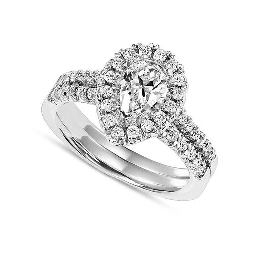 0.88 CT. T.W. Pear-Shaped Natural Diamond Frame Bridal Engagement Ring Set in Solid 14K White Gold