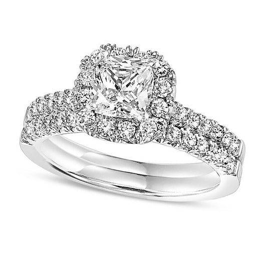 1.33 CT. T.W. Cushion-Cut Natural Diamond Frame Bridal Engagement Ring Set in Solid 14K White Gold