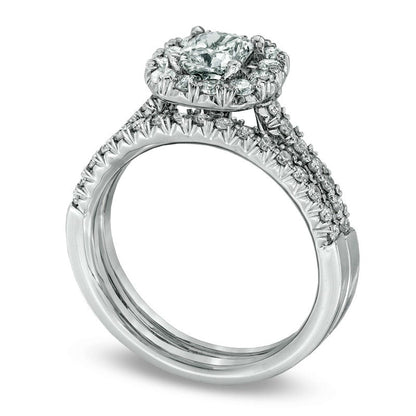 1.33 CT. T.W. Cushion-Cut Natural Diamond Frame Bridal Engagement Ring Set in Solid 14K White Gold