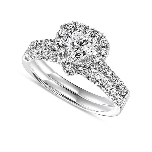 0.88 CT. T.W. Heart-Shaped Natural Diamond Frame Bridal Engagement Ring Set in Solid 14K White Gold