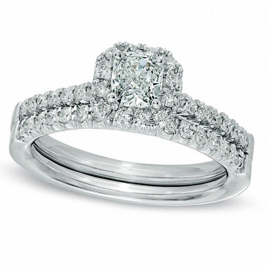 0.75 CT. T.W. Cushion-Cut Natural Diamond Frame Bridal Engagement Ring Set in Solid 14K White Gold