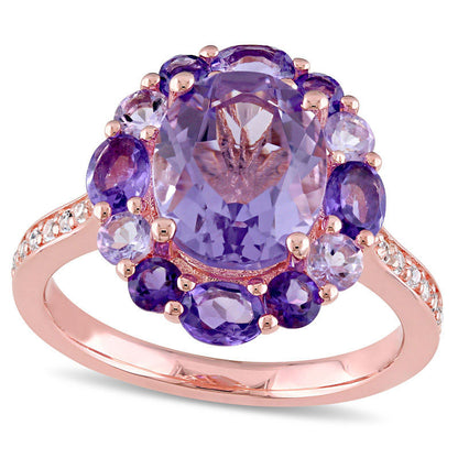 Oval Amethyst Rose de France and White Topaz Frame Ring in Sterling Silver with Rose Rhodium