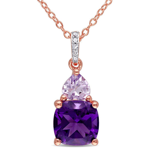 Amethyst and Natural Diamond Accent Pendant in Sterling Silver with Rose Rhodium