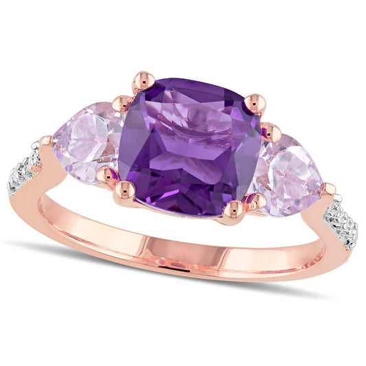 Amethyst and Natural Diamond Accent Three Stone Ring in Sterling Silver with Rose Rhodium