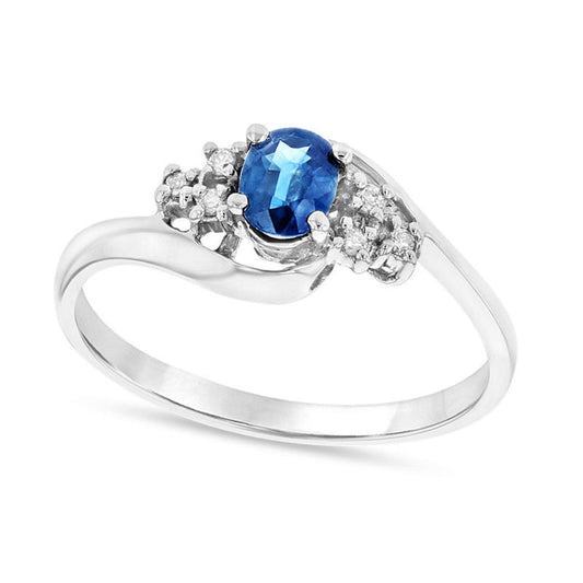 Oval Blue Sapphire and Natural Diamond Accent Tri-Sides Bypass Ring in Solid 14K White Gold