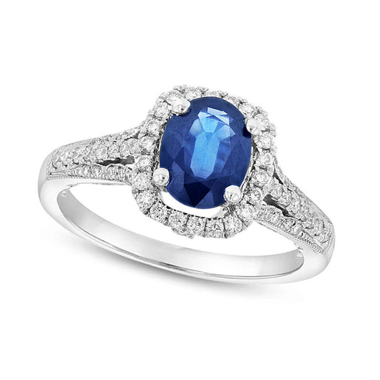 Oval Blue Sapphire and 0.33 CT. T.W. Natural Diamond Cushion Frame Ring in Solid 14K White Gold