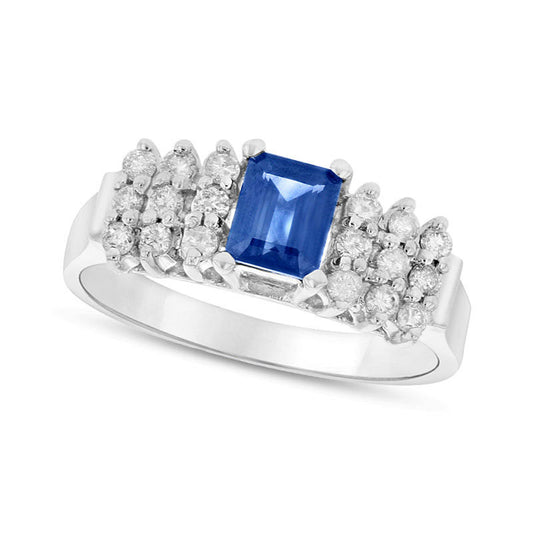 Emerald-Cut Blue Sapphire and 0.25 CT. T.W. Natural Diamond Triple Row Collar Ring in Solid 14K White Gold