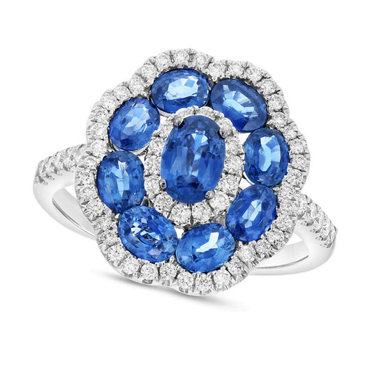 Oval Blue Sapphire and 0.38 CT. T.W. Natural Diamond Scallop Frame Flower Ring in Solid 14K White Gold