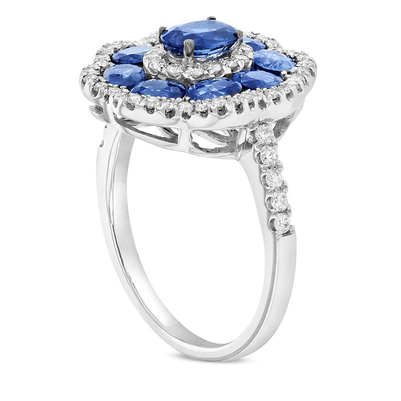 Oval Blue Sapphire and 0.38 CT. T.W. Natural Diamond Scallop Frame Flower Ring in Solid 14K White Gold
