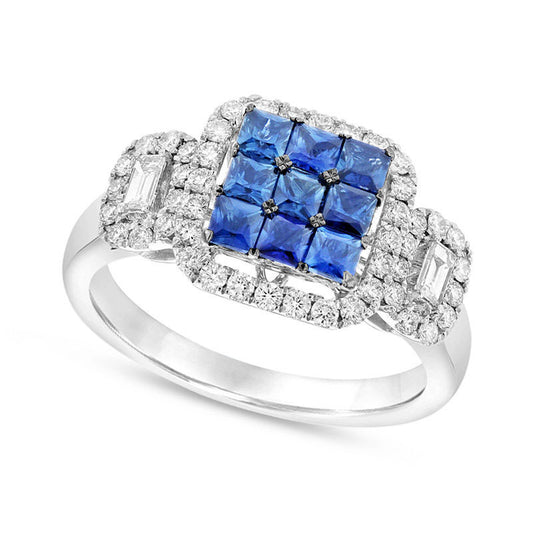 Princess-Cut Blue Sapphire and 0.50 CT. T.W. Natural Diamond Frame Buckle Ring in Solid 14K White Gold