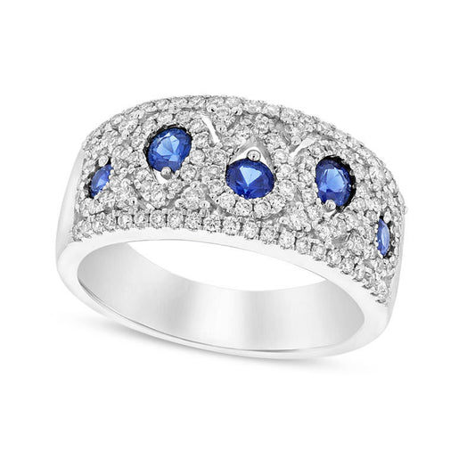 Blue Sapphire and 0.63 CT. T.W. Natural Diamond Alternating Pear-Shaped Band in Solid 14K White Gold