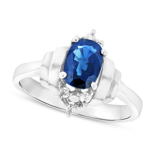 Oval Blue Sapphire and 0.10 CT. T.W. Natural Diamond Double Collar Ring in Solid 14K White Gold