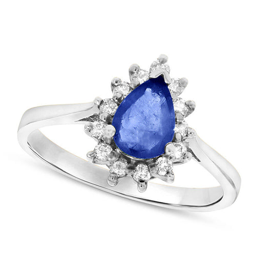 Pear-Shaped Blue Sapphire and 0.20 CT. T.W. Natural Diamond Starburst Frame Ring in Solid 14K White Gold