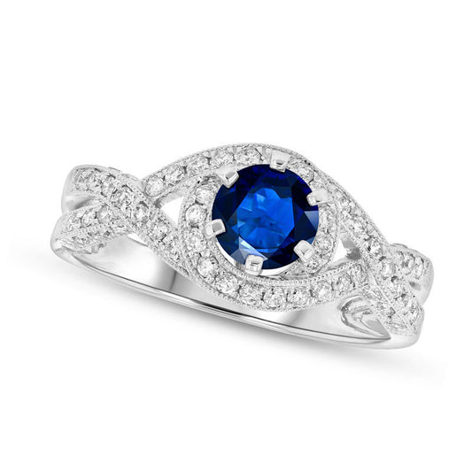 5.5mm Blue Sapphire and 0.50 CT. T.W. Natural Diamond Frame Antique Vintage-Style Ring in Solid 14K White Gold
