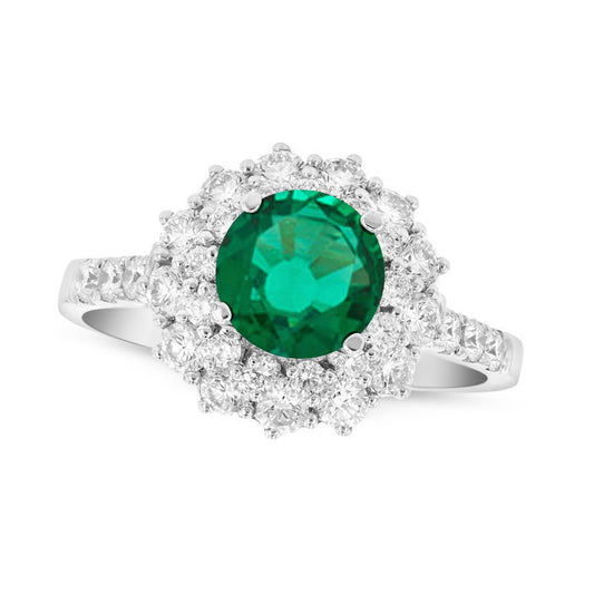 6.0mm Emerald and 0.88 CT. T.W. Natural Diamond Sunburst Frame Ring in Solid 18K White Gold