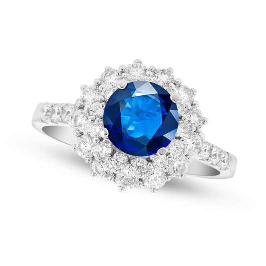 6.0mm Blue Sapphire and 0.88 CT. T.W. Natural Diamond Starburst Frame Ring in Solid 18K White Gold