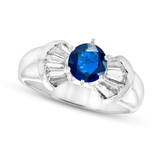6.0mm Blue Sapphire and 0.50 CT. T.W. Baguette Natural Diamond Ring in Solid 14K White Gold
