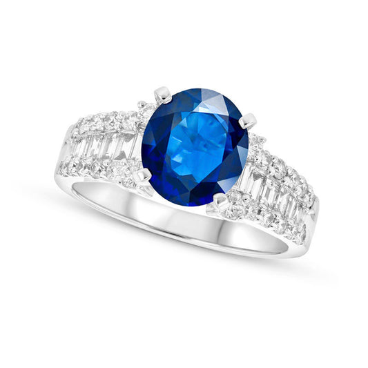 Oval Blue Sapphire and 0.75 CT. T.W. Natural Diamond Triple Row Ring in Solid 18K White Gold