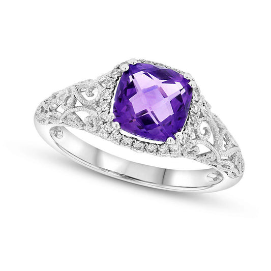 7.0mm Cushion-Cut Amethyst and 0.13 CT. T.W. Natural Diamond Frame Antique Vintage-Style Scroll Ring in Solid 14K White Gold