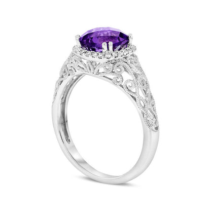 7.0mm Cushion-Cut Amethyst and 0.13 CT. T.W. Natural Diamond Frame Antique Vintage-Style Scroll Ring in Solid 14K White Gold