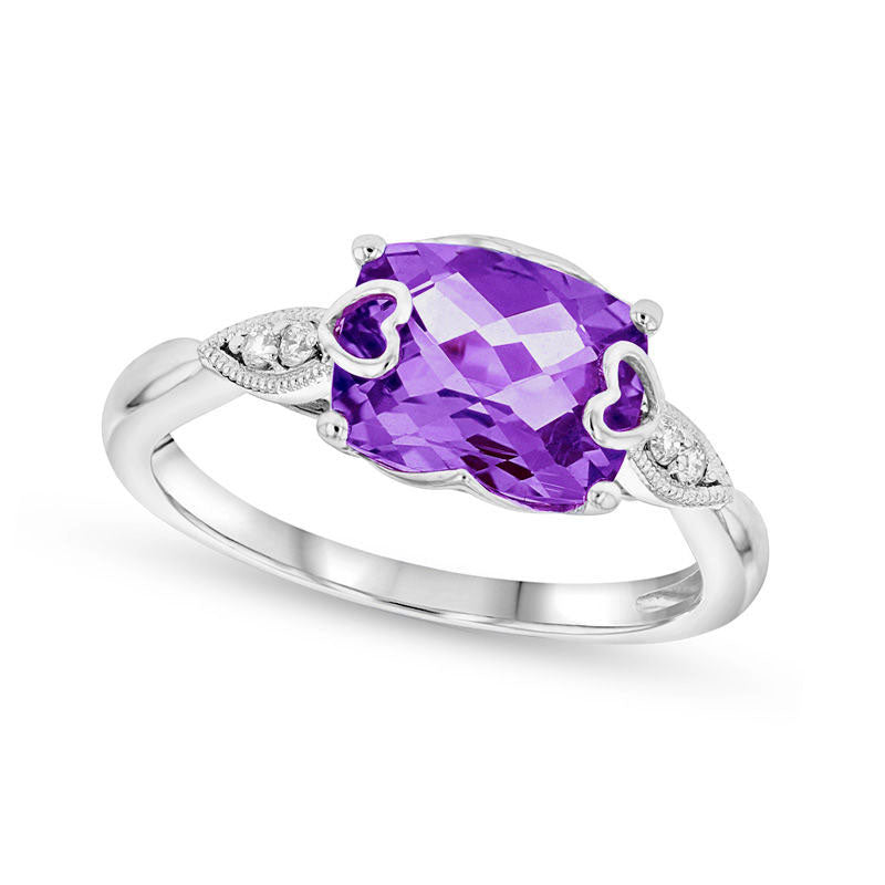 Sideways Cushion-Cut Amethyst and Natural Diamond Accent Heart Overlay Antique Vintage-Style Ring in Solid 14K White Gold