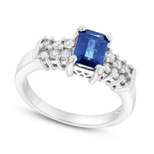 Emerald-Cut Blue Sapphire and 0.38 CT. T.W. Natural Diamond Double Row Ring in Solid 14K White Gold