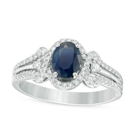 Oval Blue Sapphire and 0.25 CT. T.W. Natural Diamond Frame Ring in Solid 10K White Gold